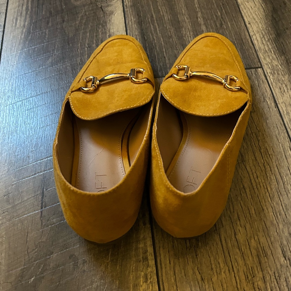 LOFT Mustard Yellow Faux Suede Loafers Elegant Slip-On Flats Shoes - Picture 2 of 5